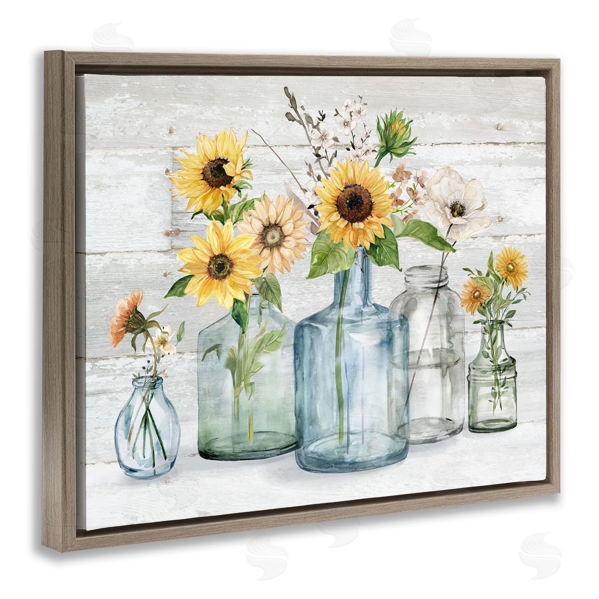 Carol Robinson Varied Country Flower Blooms Rustic Planked Pattern Brown Floating Frame Canvas Wall Art Print