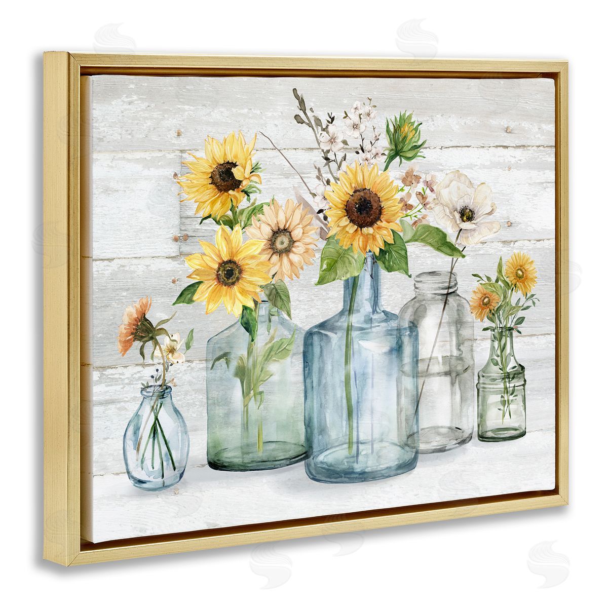 Carol Robinson Varied Country Flower Blooms Rustic Planked Pattern Gold Floating Frame Canvas Wall Art Print