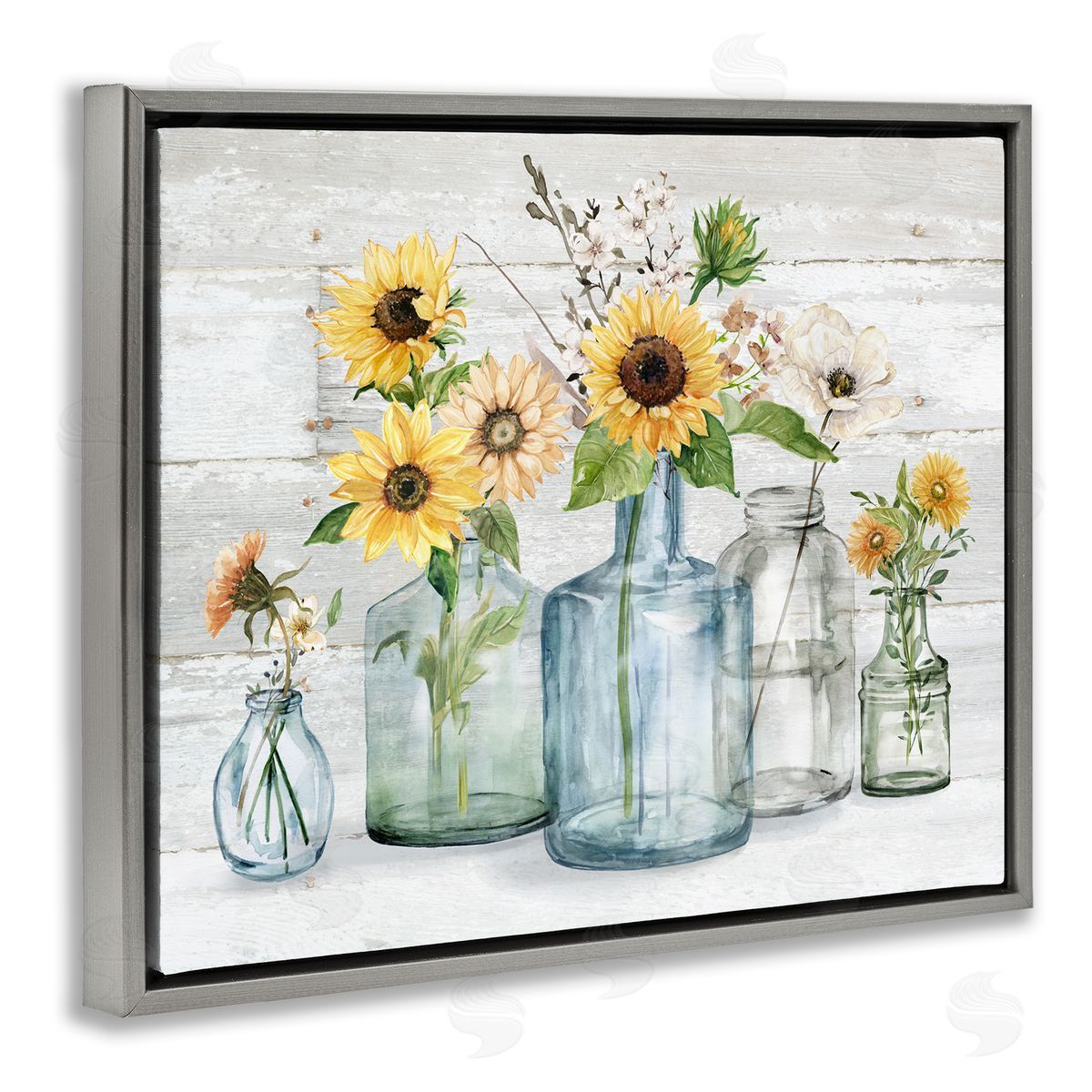 Carol Robinson Varied Country Flower Blooms Rustic Planked Pattern Gray Floating Frame Canvas Wall Art Print