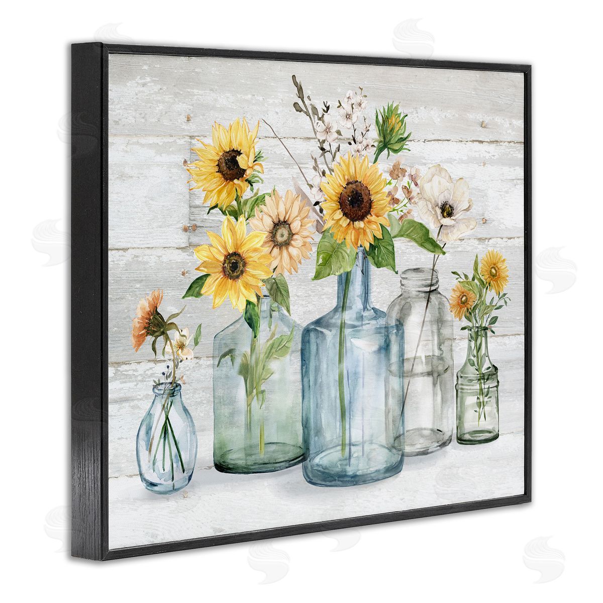Carol Robinson Varied Country Flower Blooms Rustic Planked Pattern Black Framed Giclee Wall Art Print