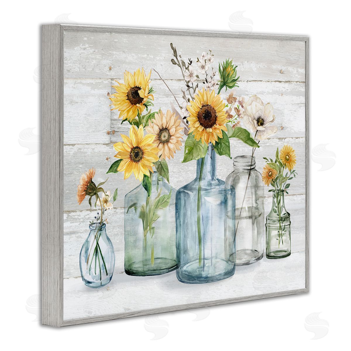 Carol Robinson Varied Country Flower Blooms Rustic Planked Pattern Gray Framed Giclee Wall Art Print