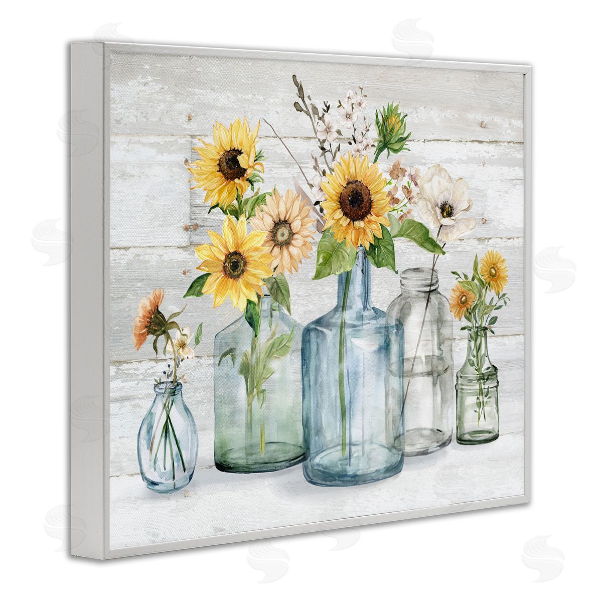 Carol Robinson Varied Country Flower Blooms Rustic Planked Pattern White Framed Giclee Wall Art Print