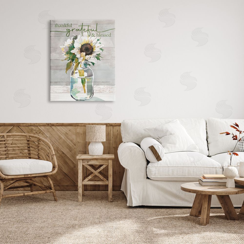 Theresa Troise Heidel Grateful & Blessed Layered Sunflower Country Planked Pattern Canvas Wall Art Print in Room