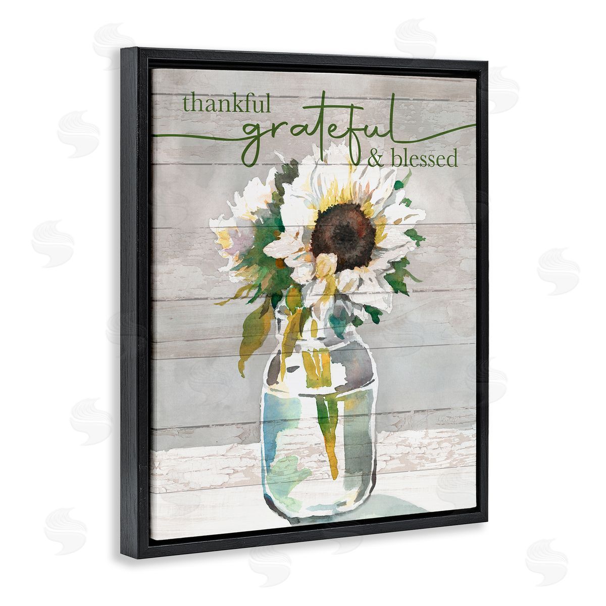 Theresa Troise Heidel Grateful & Blessed Layered Sunflower Country Planked Pattern Black Floating Frame Canvas Wall Art Print