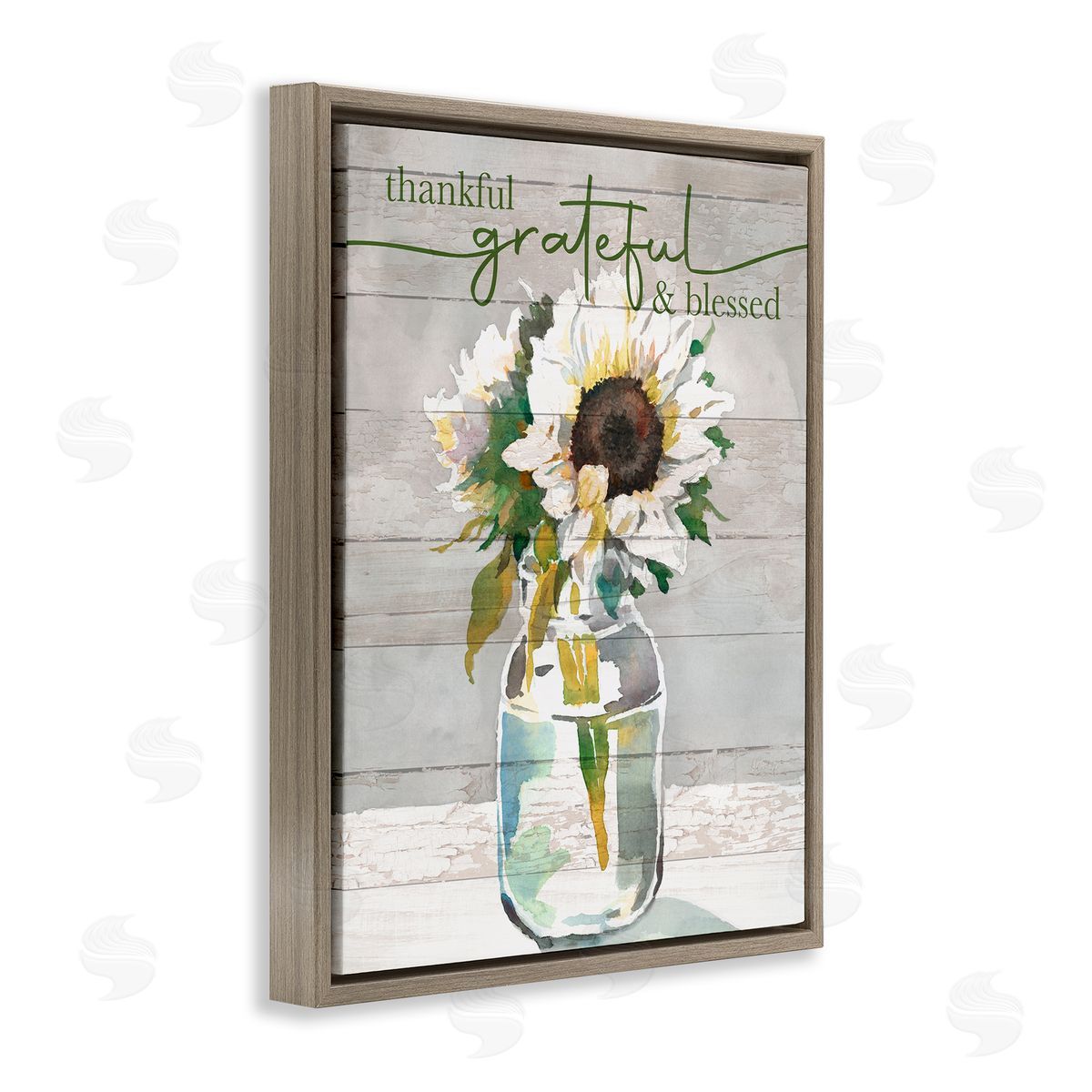 Theresa Troise Heidel Grateful & Blessed Layered Sunflower Country Planked Pattern Brown Floating Frame Canvas Wall Art Print