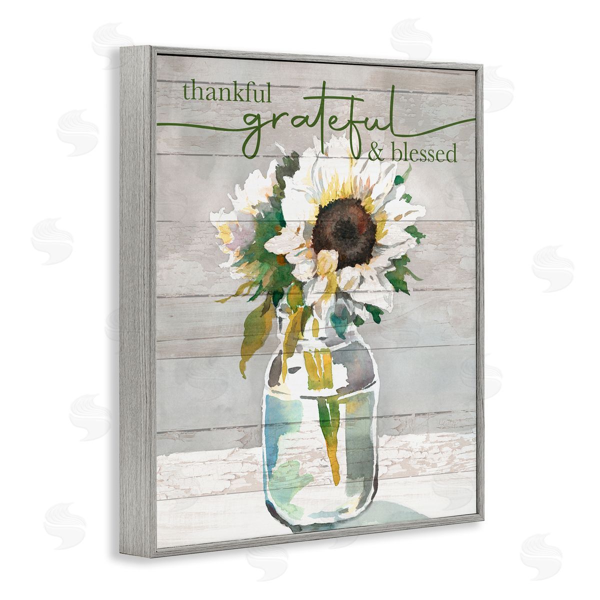 Theresa Troise Heidel Grateful & Blessed Layered Sunflower Country Planked Pattern Gray Framed Giclee Wall Art Print