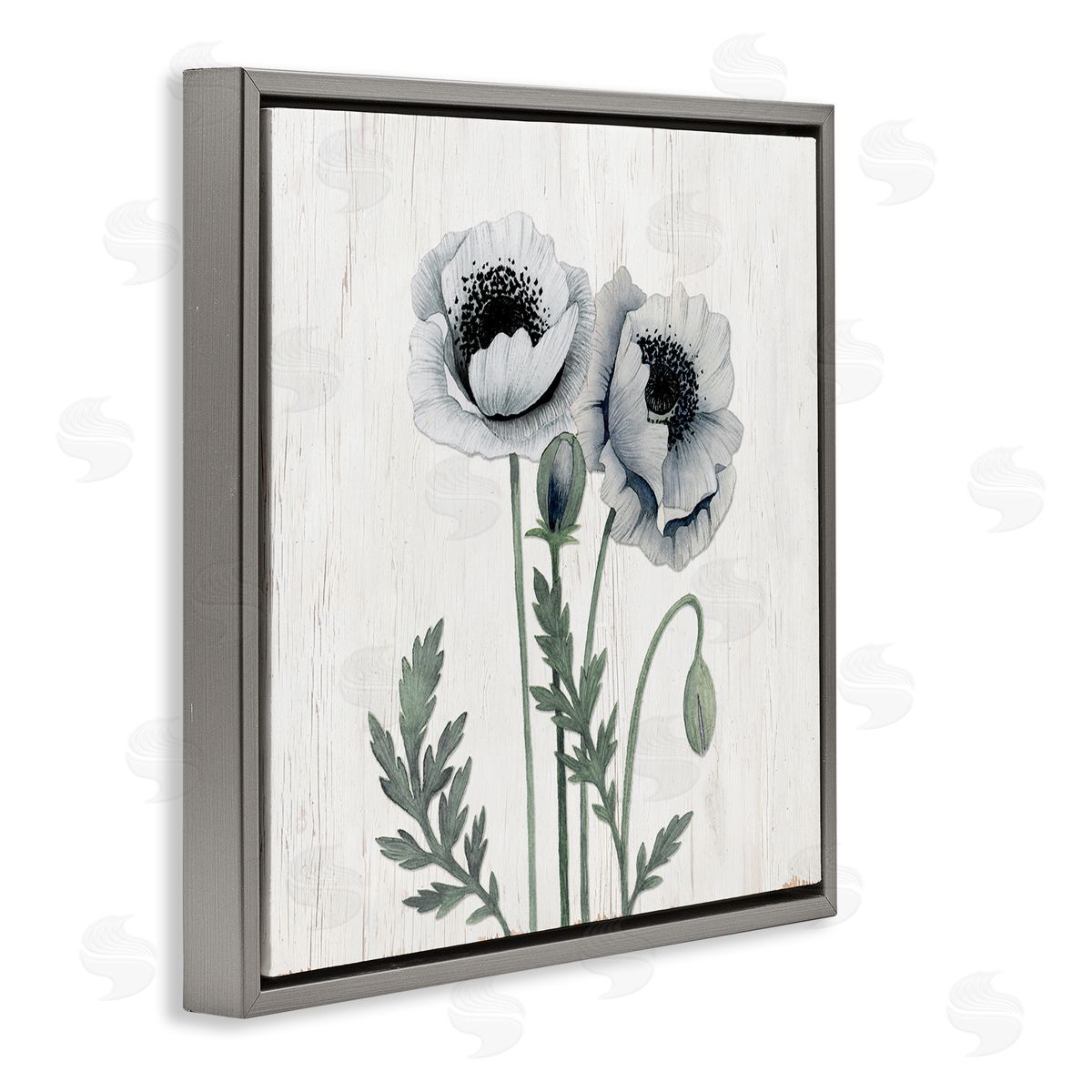 Kourtni Gunn Blooming Poppy Flower Buds Rustic Panel Pattern Gray Floating Frame Canvas Wall Art Print