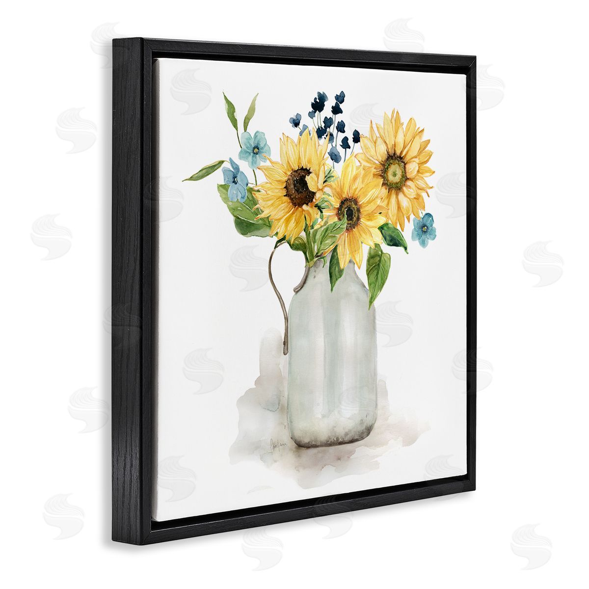 Livi Finn Summery Flower Blossoms Arranged Country Jug Watercolor Detail Black Floating Frame Canvas Wall Art Print
