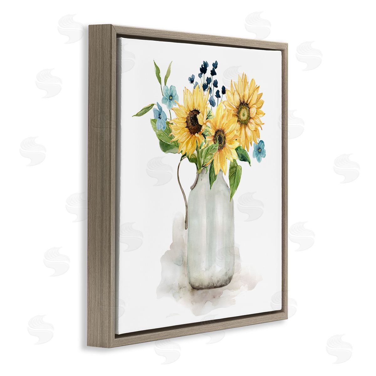 Livi Finn Summery Flower Blossoms Arranged Country Jug Watercolor Detail Brown Floating Frame Canvas Wall Art Print