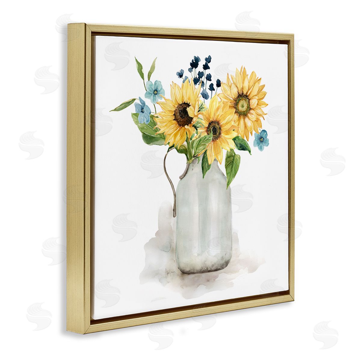 Livi Finn Summery Flower Blossoms Arranged Country Jug Watercolor Detail Gold Floating Frame Canvas Wall Art Print