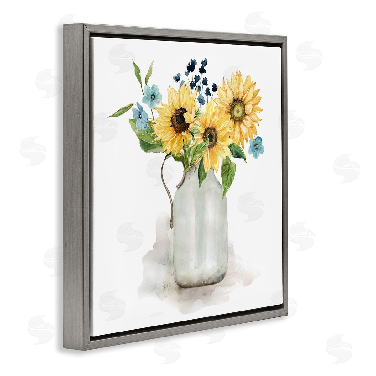 Livi Finn Summery Flower Blossoms Arranged Country Jug Watercolor Detail Gray Floating Frame Canvas Wall Art Print