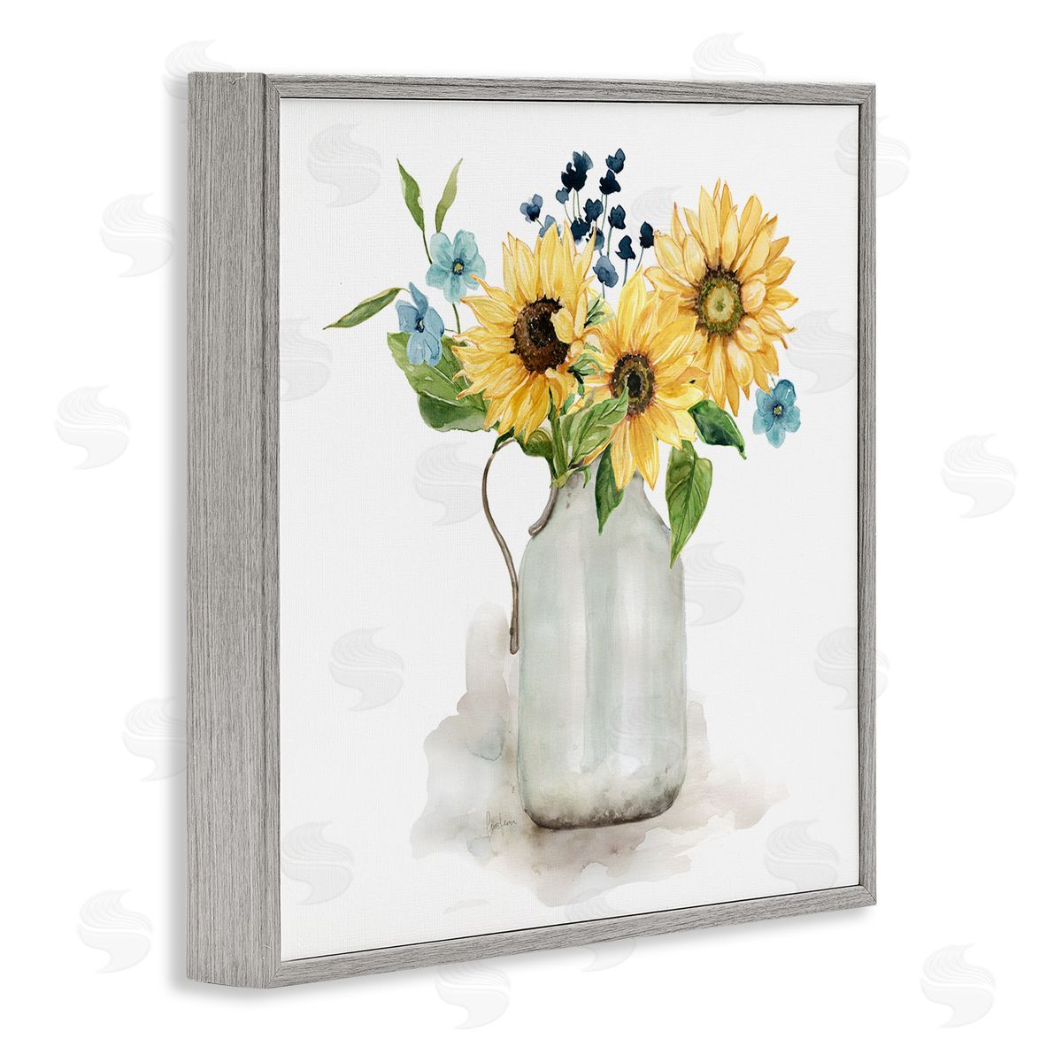 Livi Finn Summery Flower Blossoms Arranged Country Jug Watercolor Detail Gray Framed Glicee Wall Art Print