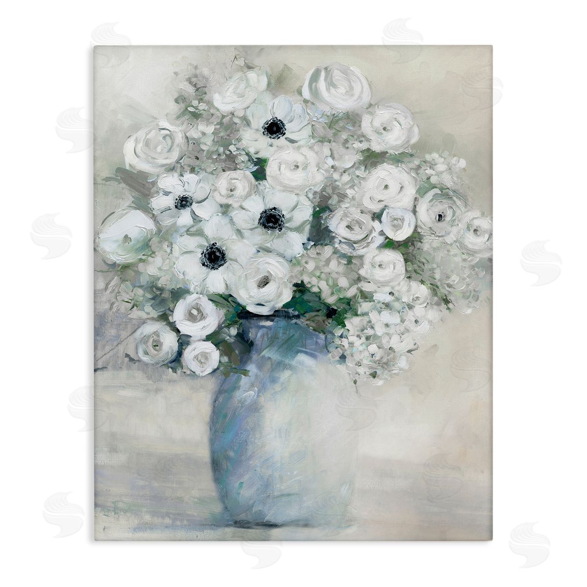 Sally Swatland Mixed White Peonies & Poppies Bouquet Traditional Painting Stretched Canvas Wall Art Print