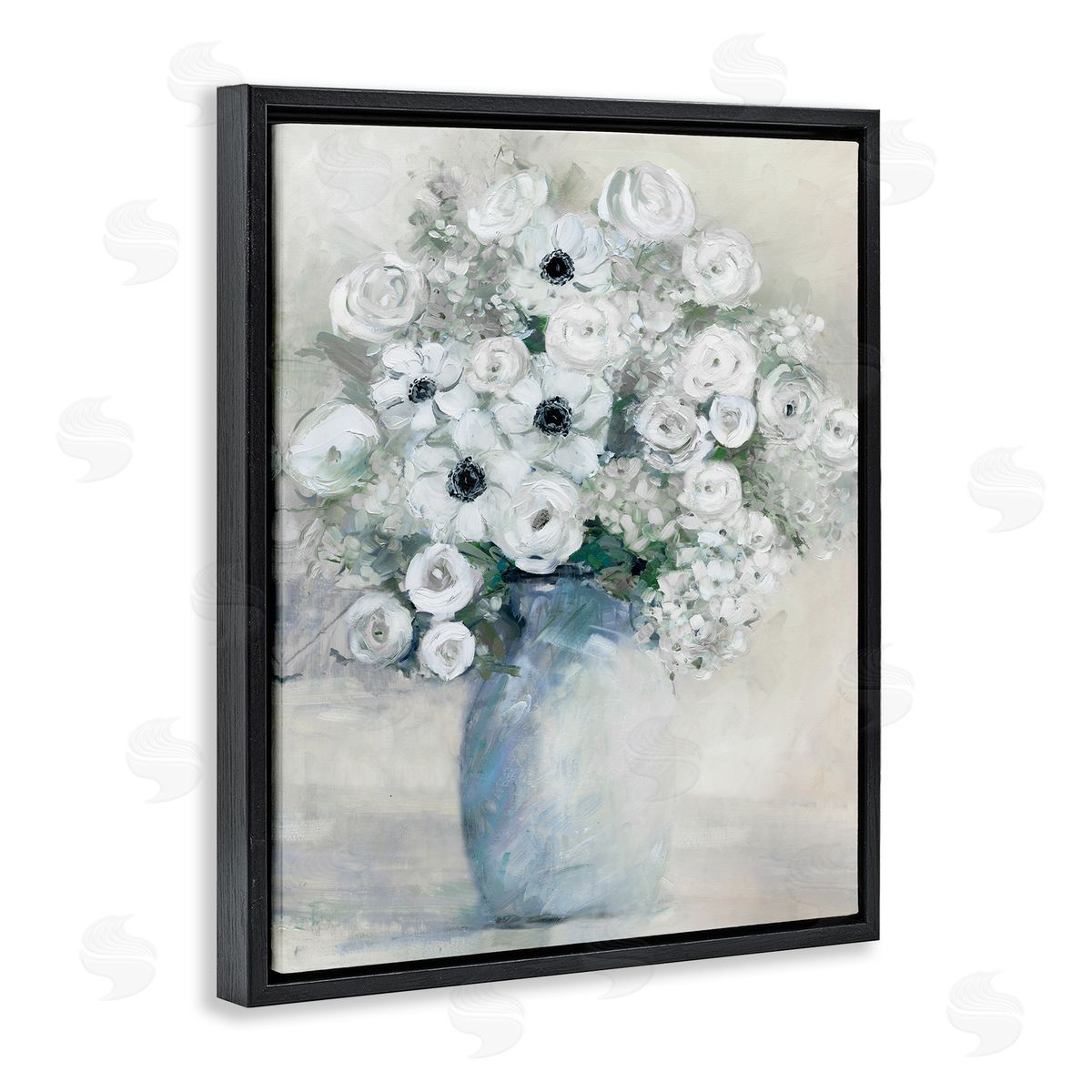 Sally Swatland Mixed White Peonies & Poppies Bouquet Traditional Painting Black Floating Frame Canvas Wall Art Print