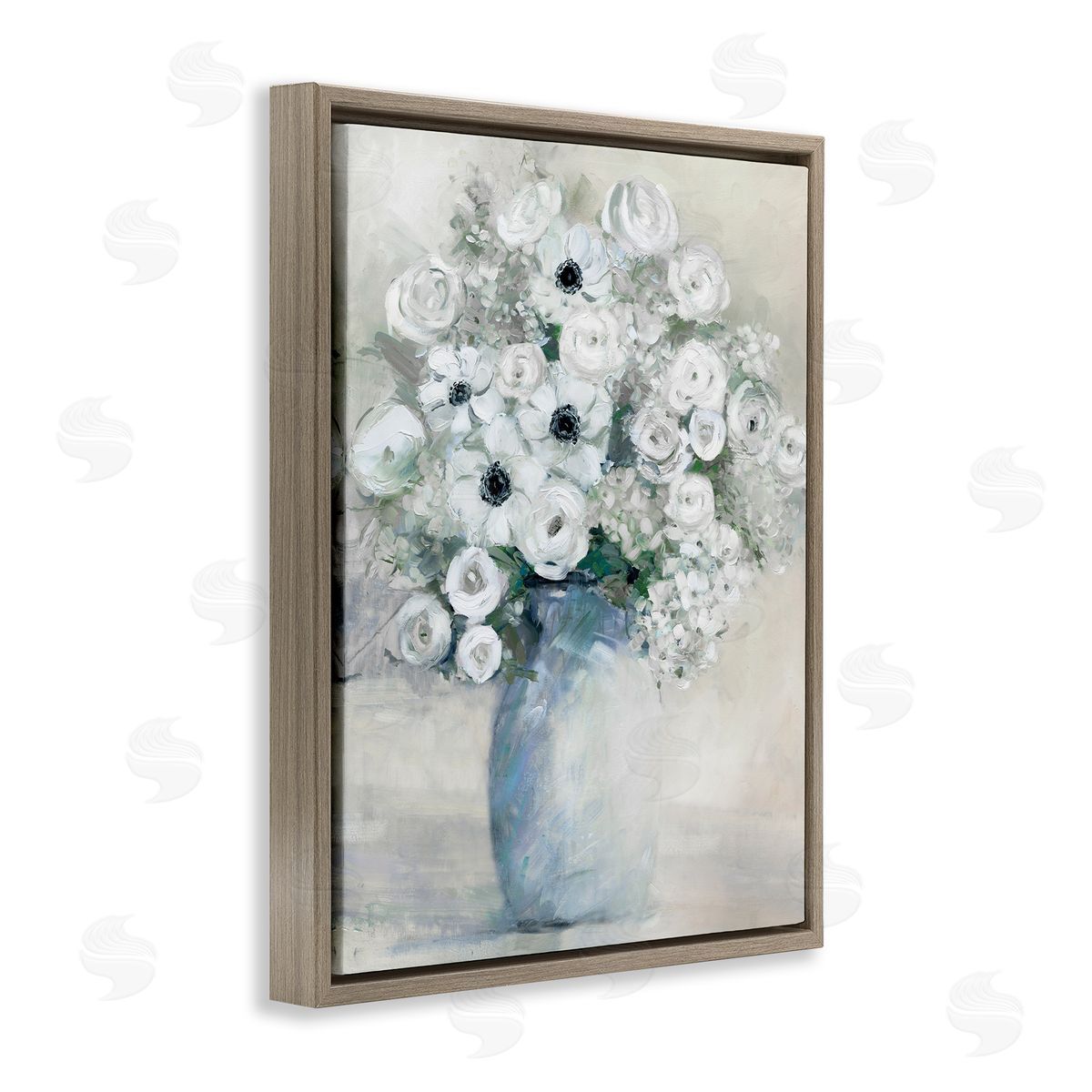 Sally Swatland Mixed White Peonies & Poppies Bouquet Traditional Painting Brown Floating Frame Canvas Wall Art Print
