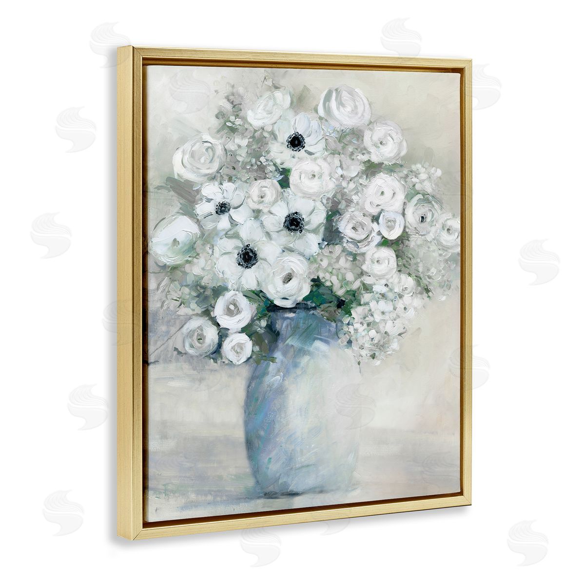 Sally Swatland Mixed White Peonies & Poppies Bouquet Traditional Painting Gold Floating Frame Canvas Wall Art Print
