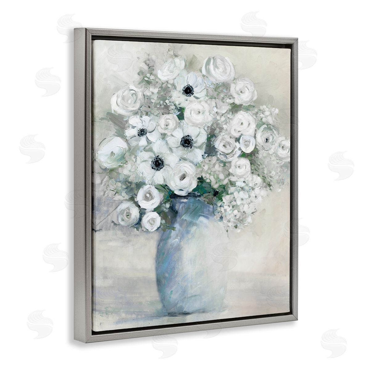 Sally Swatland Mixed White Peonies & Poppies Bouquet Traditional Painting Gray Floating Frame Canvas Wall Art Print