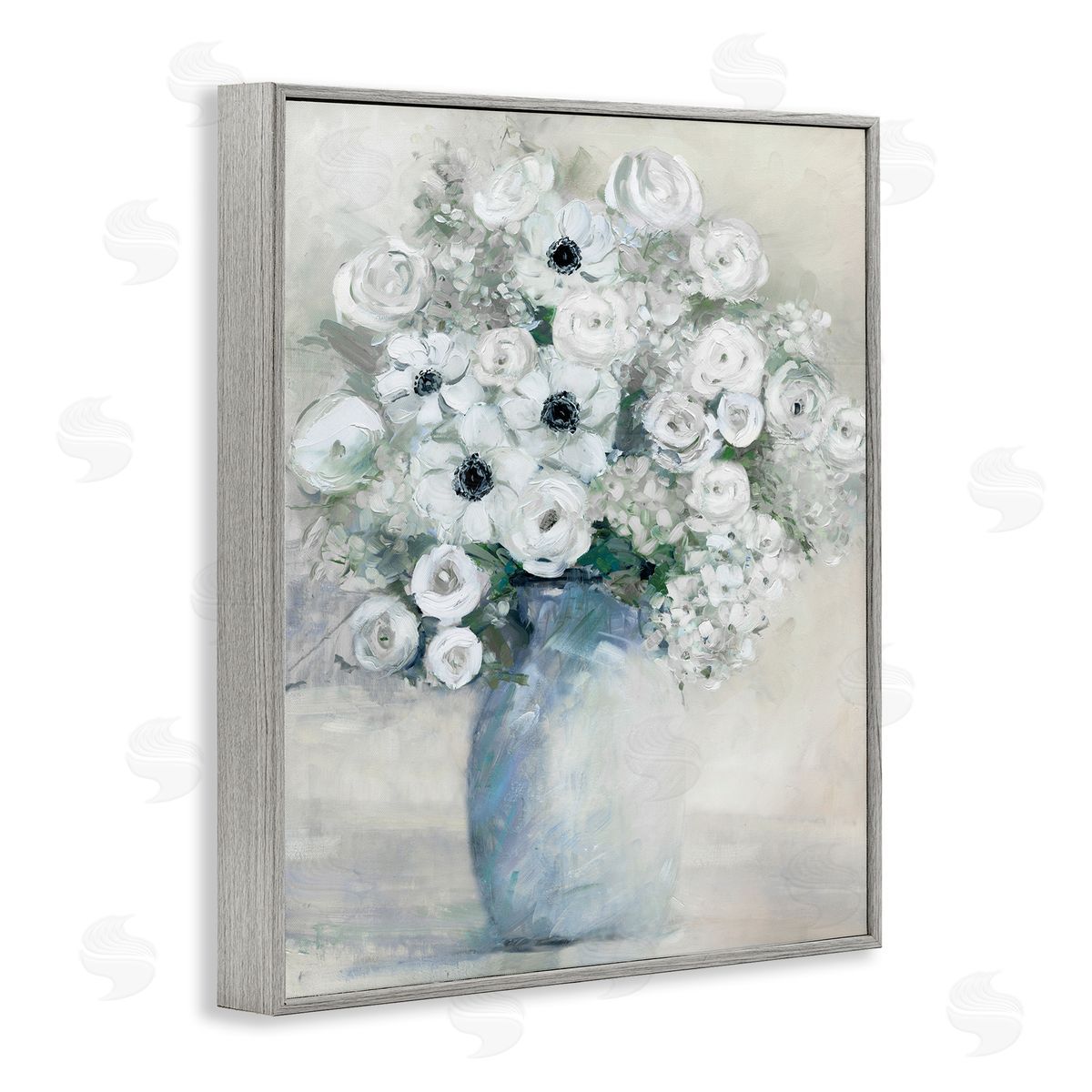 Sally Swatland Mixed White Peonies & Poppies Bouquet Traditional Painting Gray Framed Giclee Wall Art Print