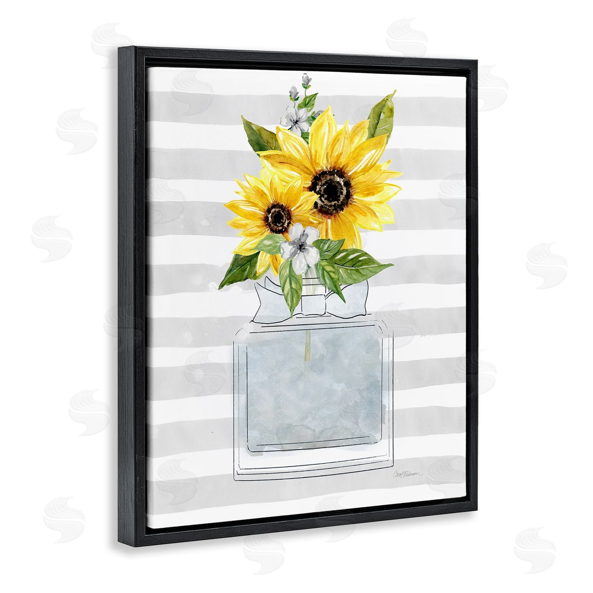 Carol Robinson Vivid Floral Arrangement Glam Perfume Bottle Stripes Black Floating Frame Canvas Wall Art Print