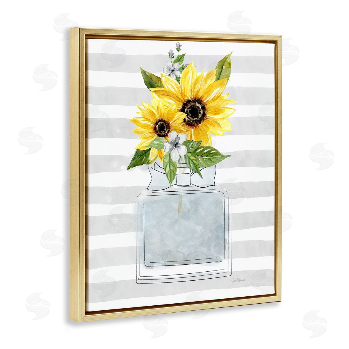 Carol Robinson Vivid Floral Arrangement Glam Perfume Bottle Stripes Gold Floating Frame Canvas Wall Art Print