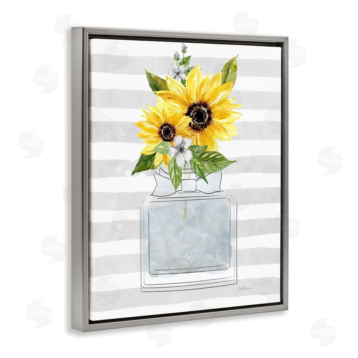 Carol Robinson Vivid Floral Arrangement Glam Perfume Bottle Stripes Gray Floating Frame Canvas Wall Art Print