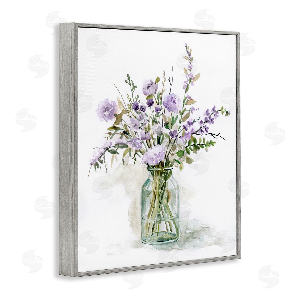 Carol Robinson Dainty Lavender Blooms Arrangement Classic Glass Vase Gray Framed Giclee Wall Art Print