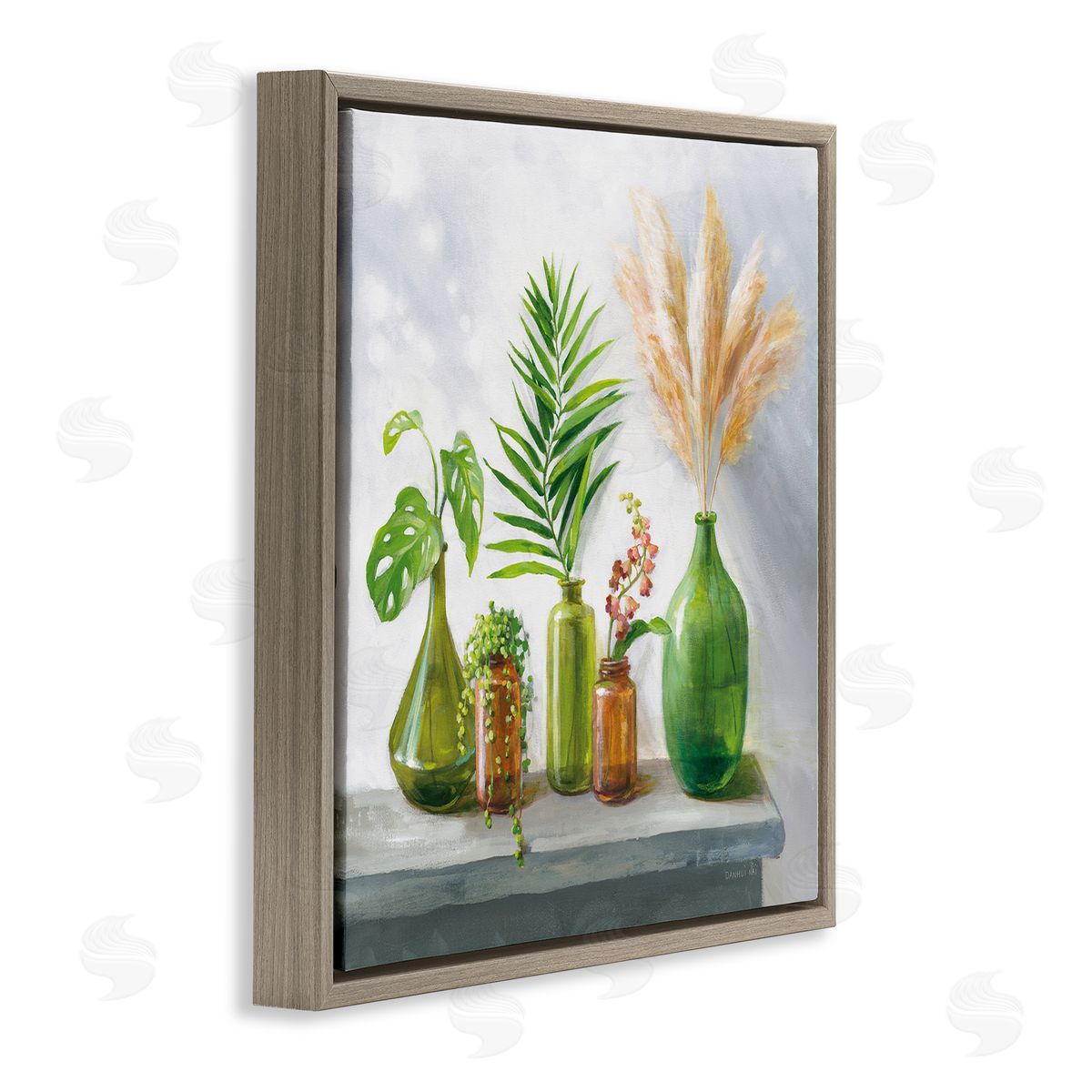 Danhui Nai Varied Ikebana Botanical Leaves Arrangement Still Life Brown Floating Frame Canvas Wall Art Print