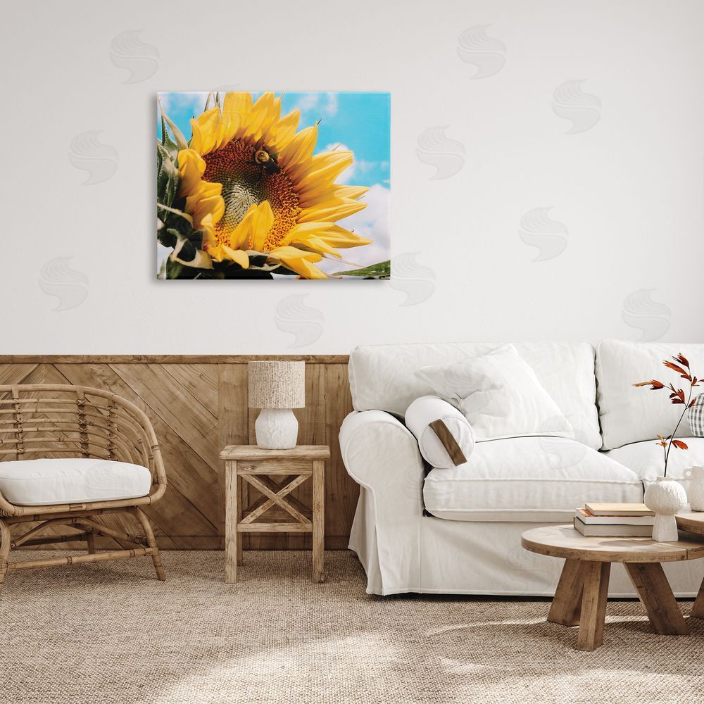 Hey Bre! Creative Studio Summer Sunflower Blossom Pollinating Honey Bee Photography Canvas Wall Art Print in Room