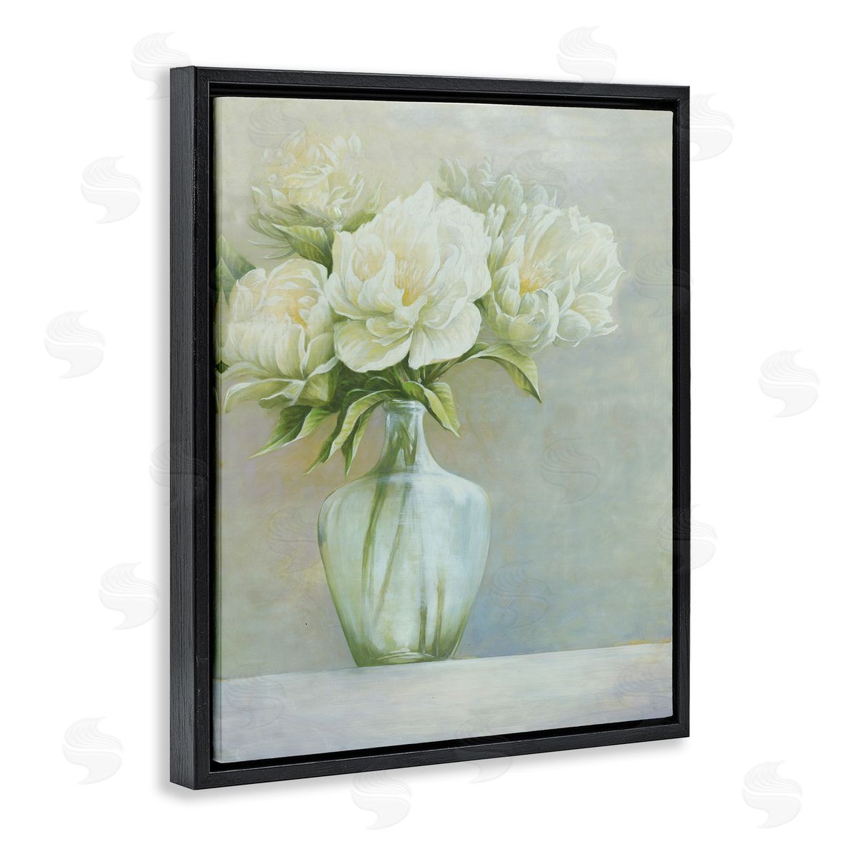 Cloverfield & Co. Blooming White Flowers Traditional Vase Still Life Black Floating Frame Canvas Wall Art Print