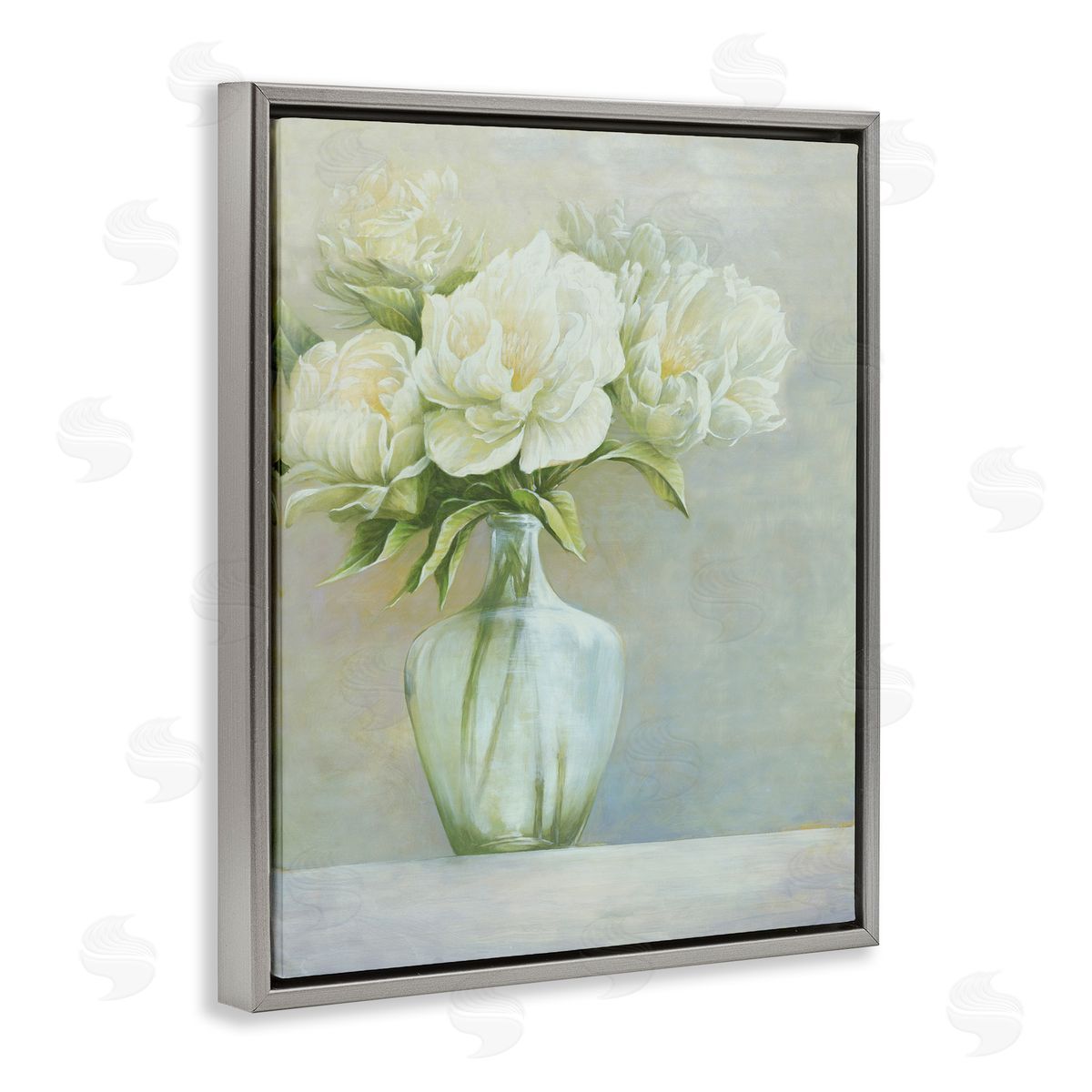 Cloverfield & Co. Blooming White Flowers Traditional Vase Still Life Gray Floating Frame Canvas Wall Art Print