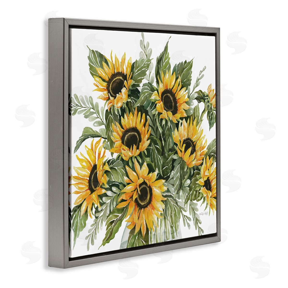 Cindy Jacobs Bold Sunflower Bunches Floral Country Blossom Bouquet Gray Floating Frame Canvas Wall Art Print