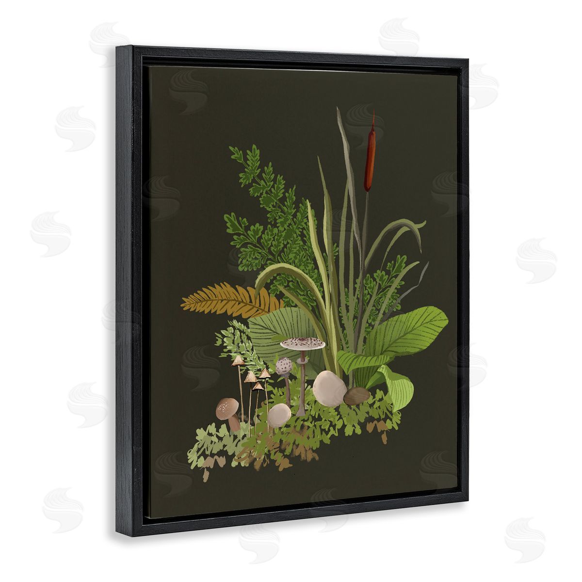 House of Rose Natural Forest Floor Botanical Arrangement Mixed Mushrooms Ferns Black Floating Frame Canvas Wall Art Print