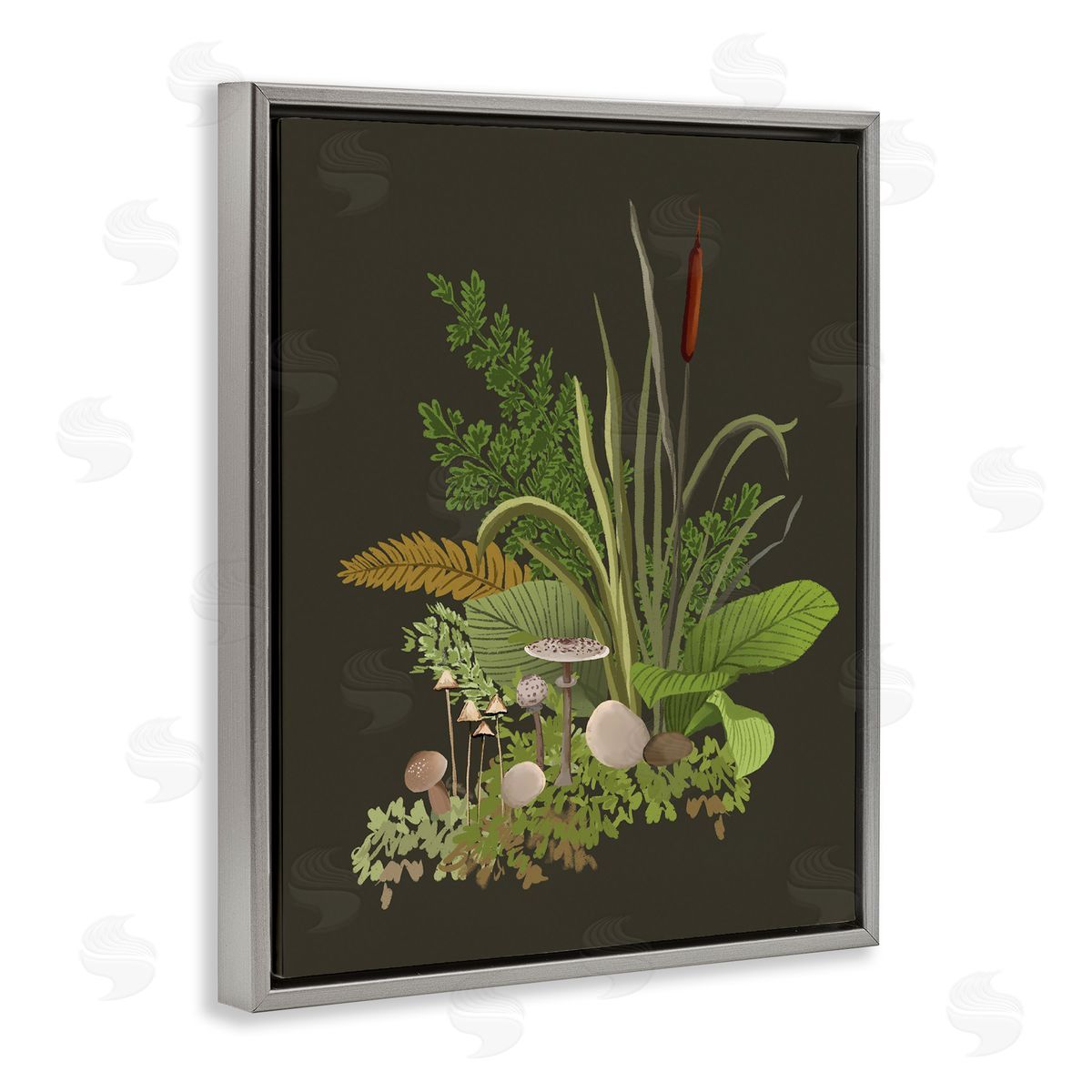 House of Rose Natural Forest Floor Botanical Arrangement Mixed Mushrooms Ferns Gray Floating Frame Canvas Wall Art Print