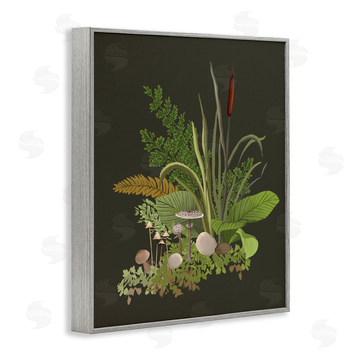 House of Rose Natural Forest Floor Botanical Arrangement Mixed Mushrooms Ferns Gray Framed Giclee Wall Art Print