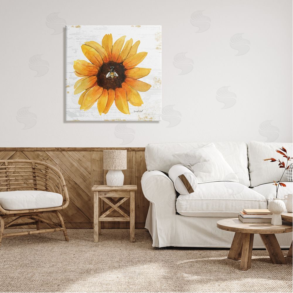 Jennifer Pugh Rustic Sunflower Petals Lone Bumble Bee Flower Design Canvas Wall Art in Room