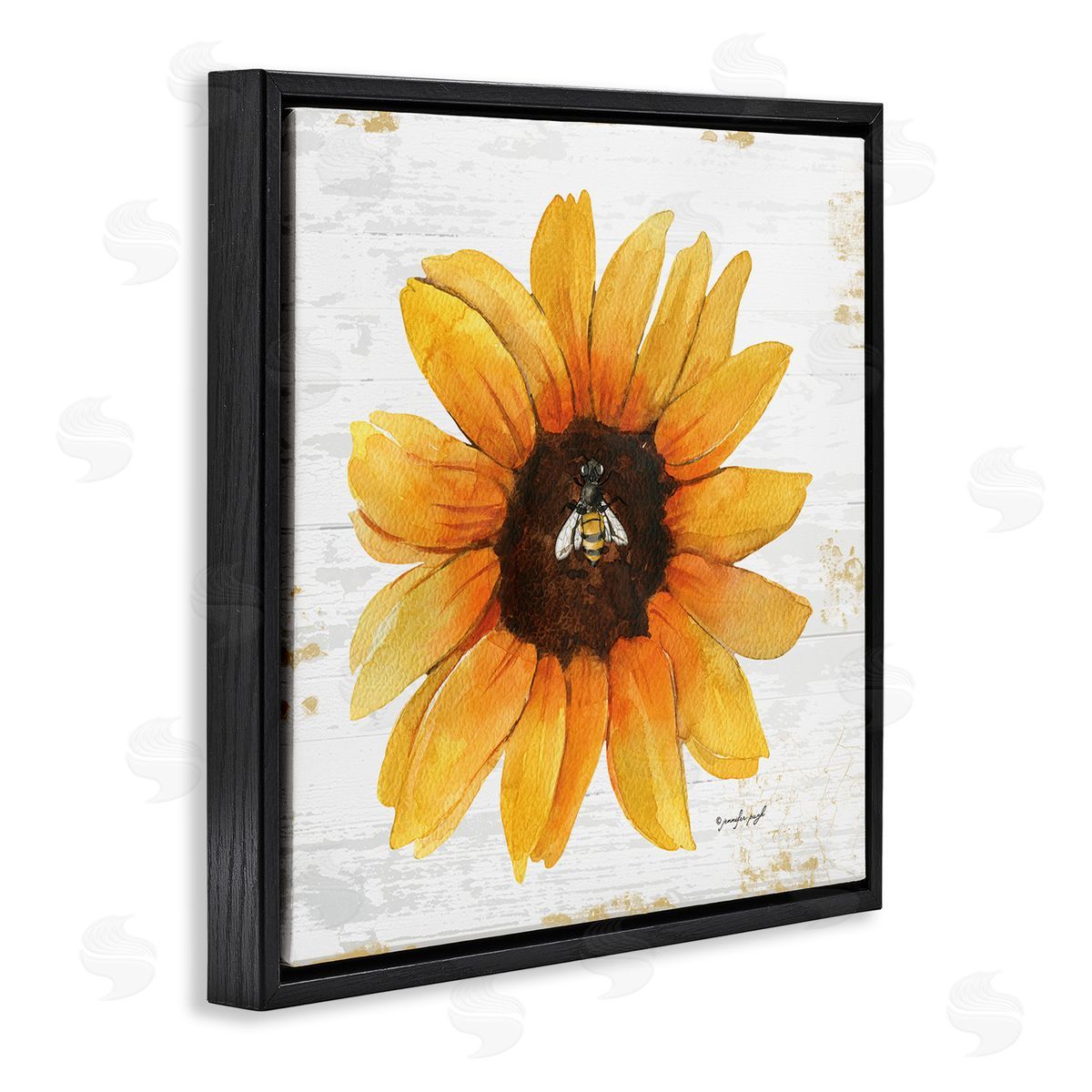 Jennifer Pugh Rustic Sunflower Petals Lone Bumble Bee Flower Design Black Floating Frame Canvas Wall Art Print