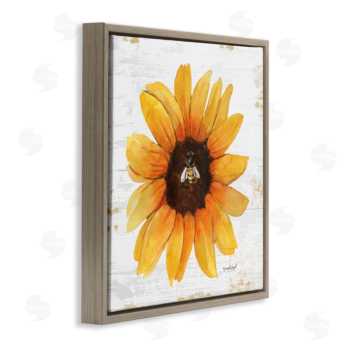 Jennifer Pugh Rustic Sunflower Petals Lone Bumble Bee Flower Design Brown Floating Frame Canvas Wall Art Print
