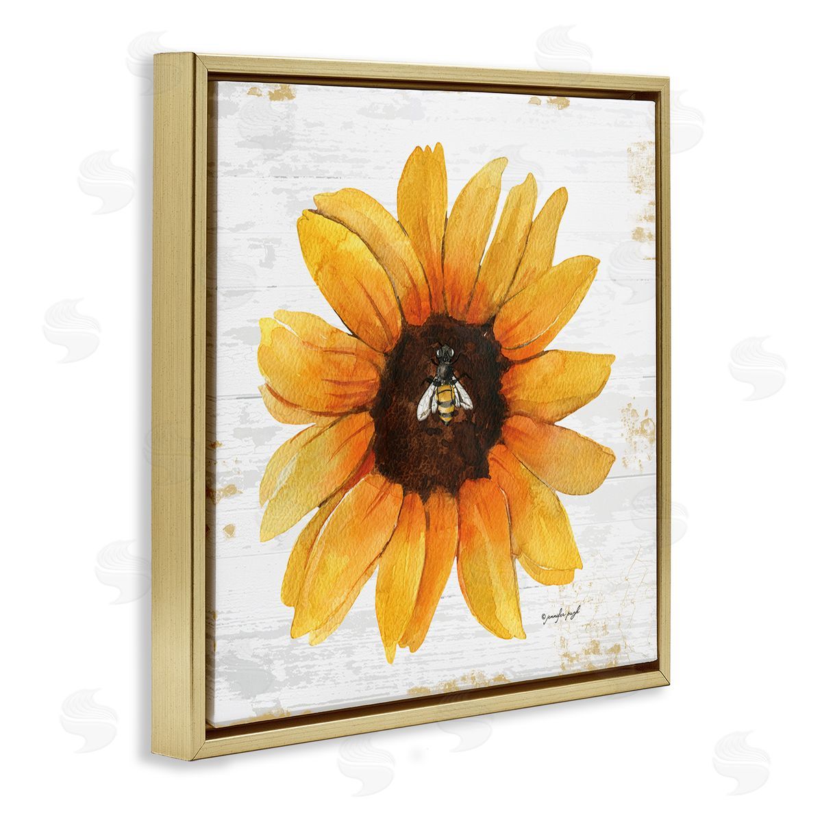 Jennifer Pugh Rustic Sunflower Petals Lone Bumble Bee Flower Design Gold Floating Frame Canvas Wall Art Print