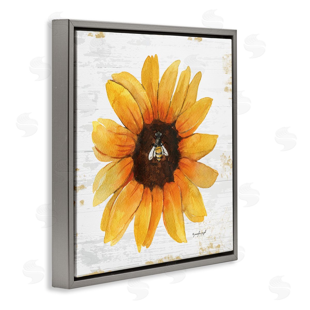 Jennifer Pugh Rustic Sunflower Petals Lone Bumble Bee Flower Design Gray Floating Frame Canvas Wall Art Print