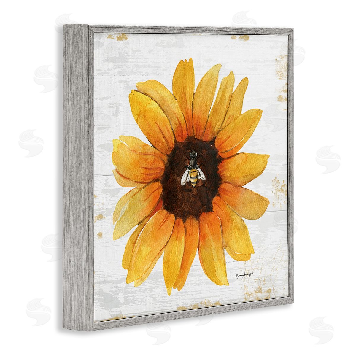 Jennifer Pugh Rustic Sunflower Petals Lone Bumble Bee Flower Design Gray Framed Glicee Wall Art Print