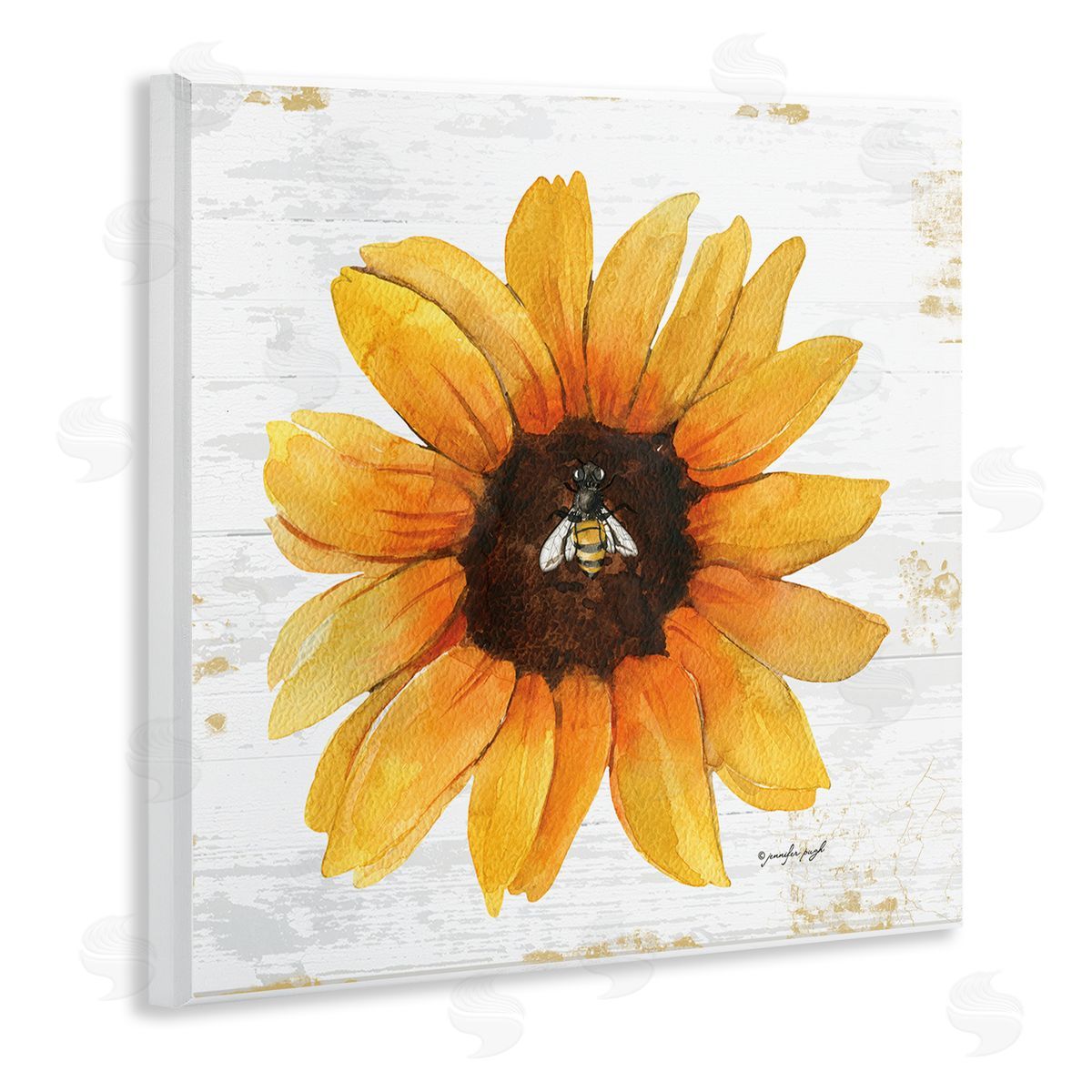 Jennifer Pugh Rustic Sunflower Petals Lone Bumble Bee Flower Design Wooden Wall Plaque Art Print