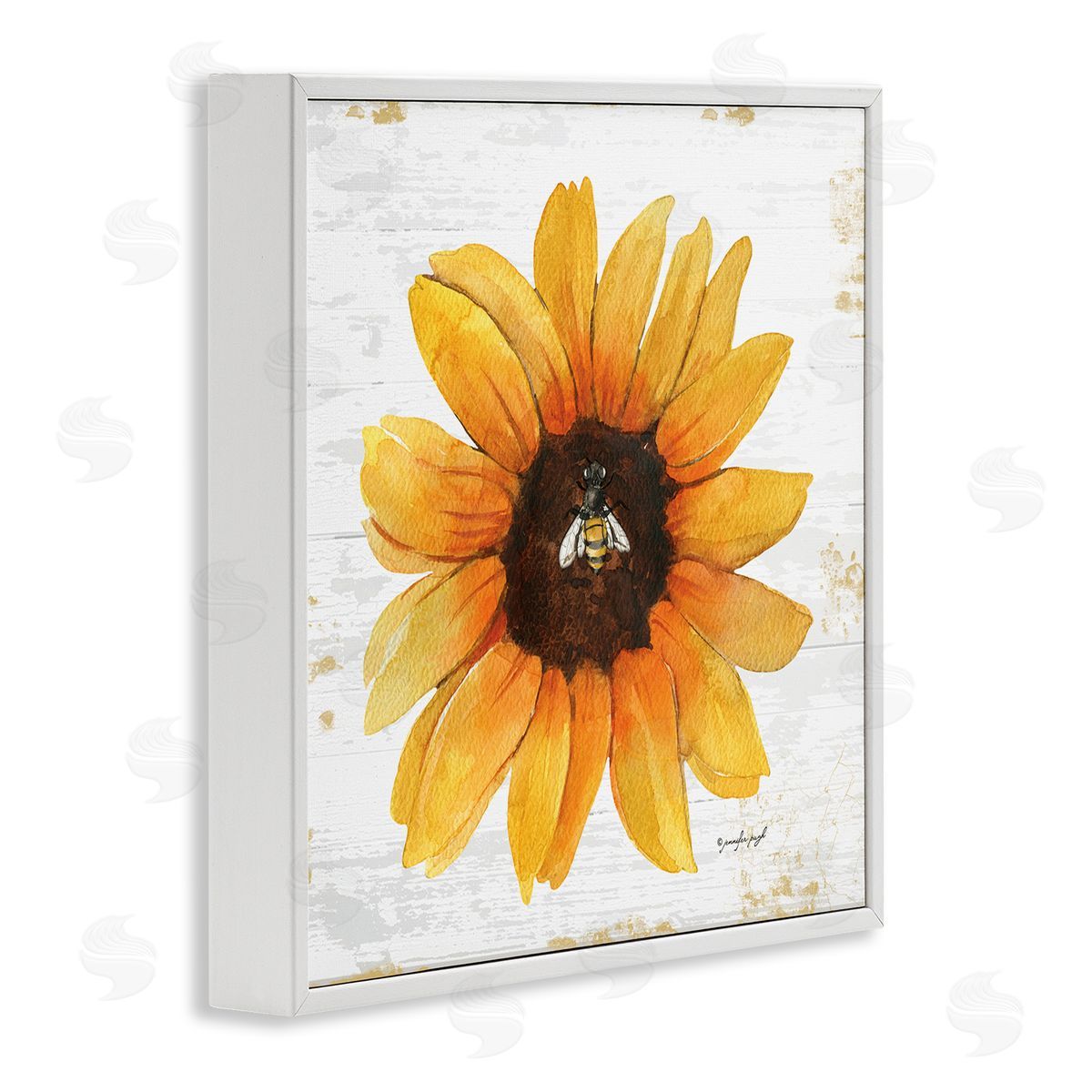Jennifer Pugh Rustic Sunflower Petals Lone Bumble Bee Flower Design White Framed Glicee Wall Art Print