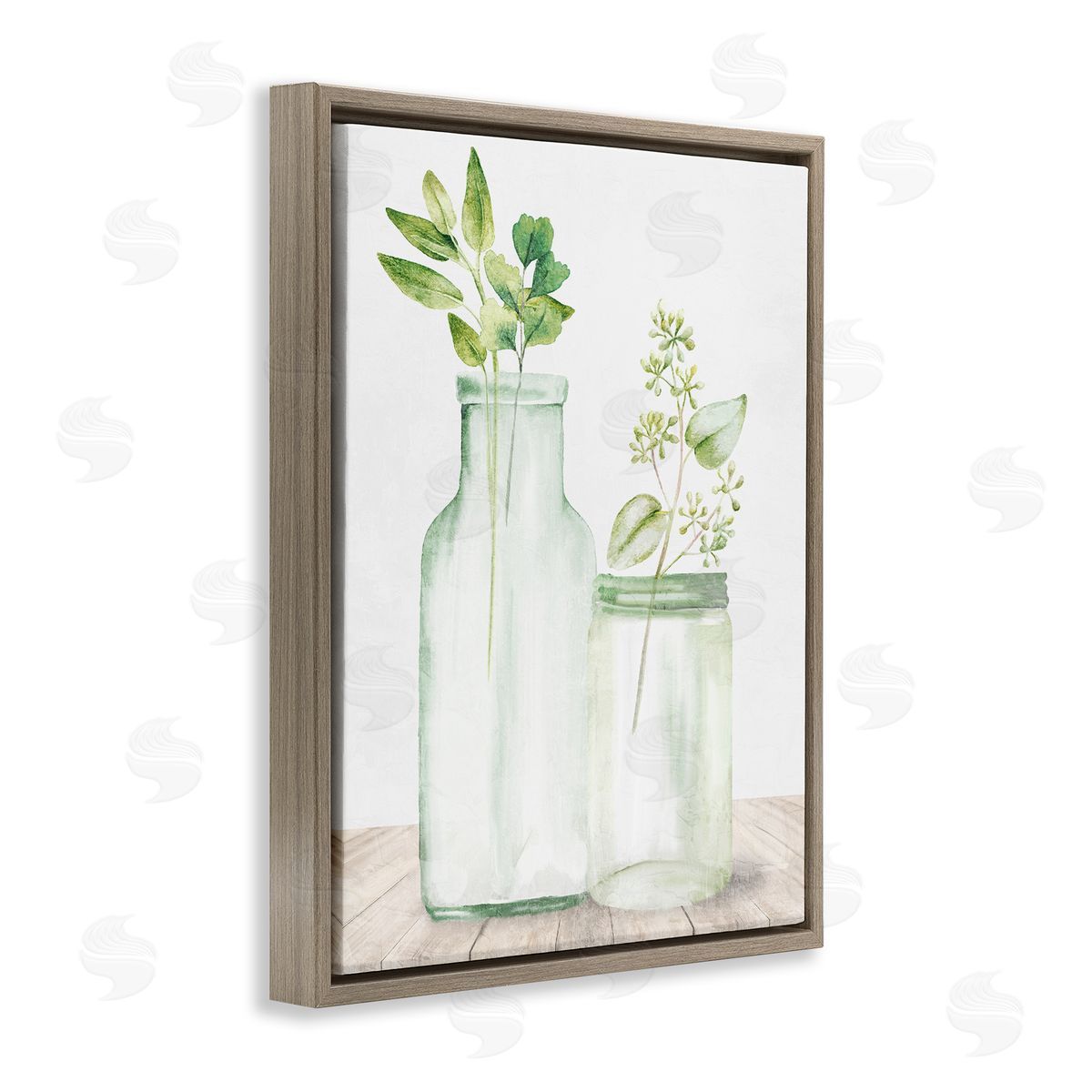 Kim Allen Herbal Plant Sprigs Country Glass Jars Rustic Painting Brown Floating Frame Canvas Wall Art Print
