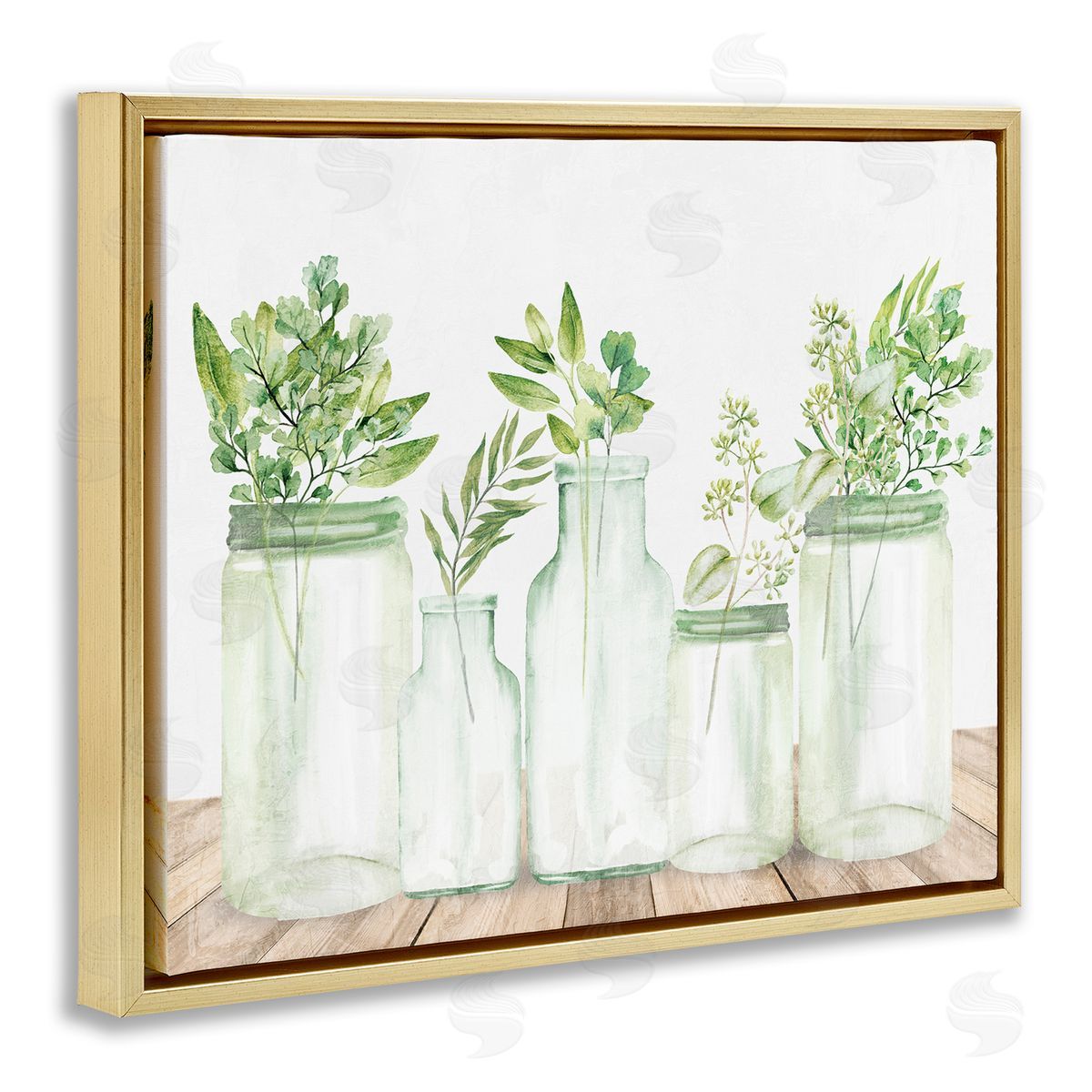 Kim Allen Varied Herb Plant Arrangement Mixed Country Blooms Gold Floating Frame Canvas Wall Art Print