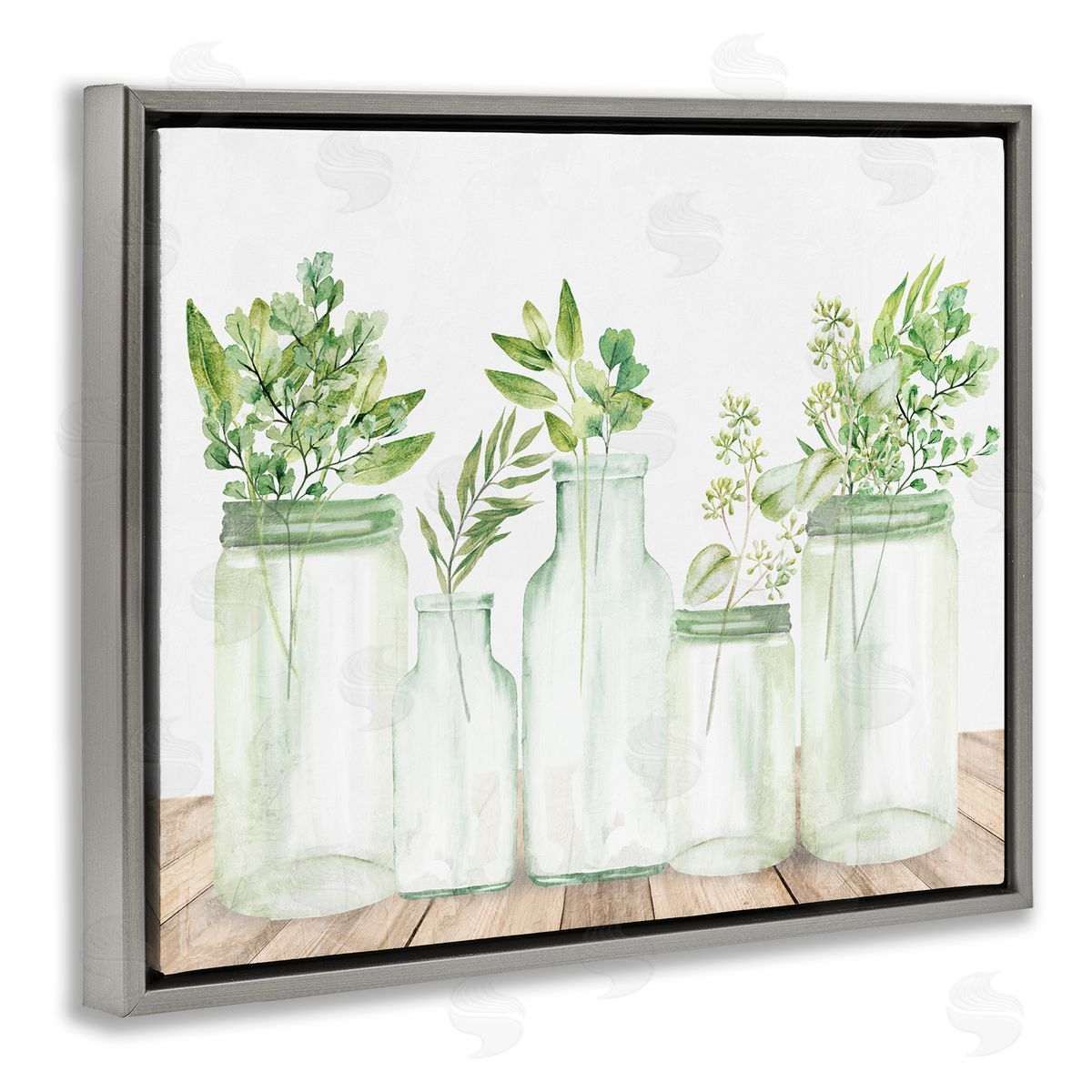 Kim Allen Varied Herb Plant Arrangement Mixed Country Blooms Gray Floating Frame Canvas Wall Art Print