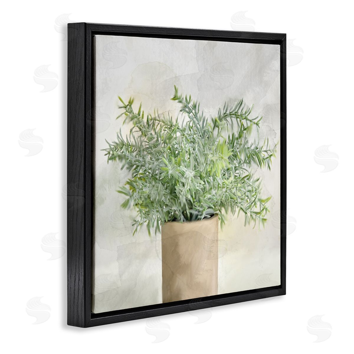 Kim Allen Rustic Potted Herb Plant Overflowing Leaves Design Black Floating Frame Canvas Wall Art Print