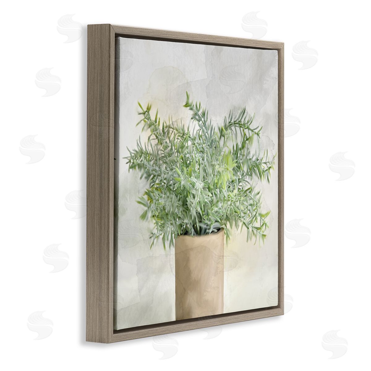 Kim Allen Rustic Potted Herb Plant Overflowing Leaves Design Brown Floating Frame Canvas Wall Art Print