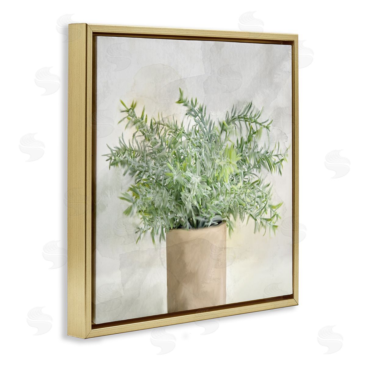 Kim Allen Rustic Potted Herb Plant Overflowing Leaves Design Gold Floating Frame Canvas Wall Art Print