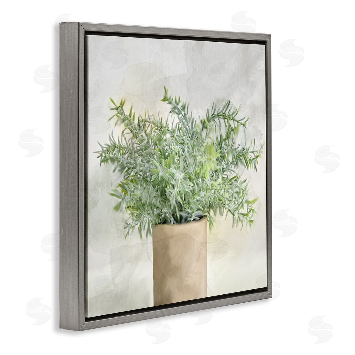 Kim Allen Rustic Potted Herb Plant Overflowing Leaves Design Gray Floating Frame Canvas Wall Art Print