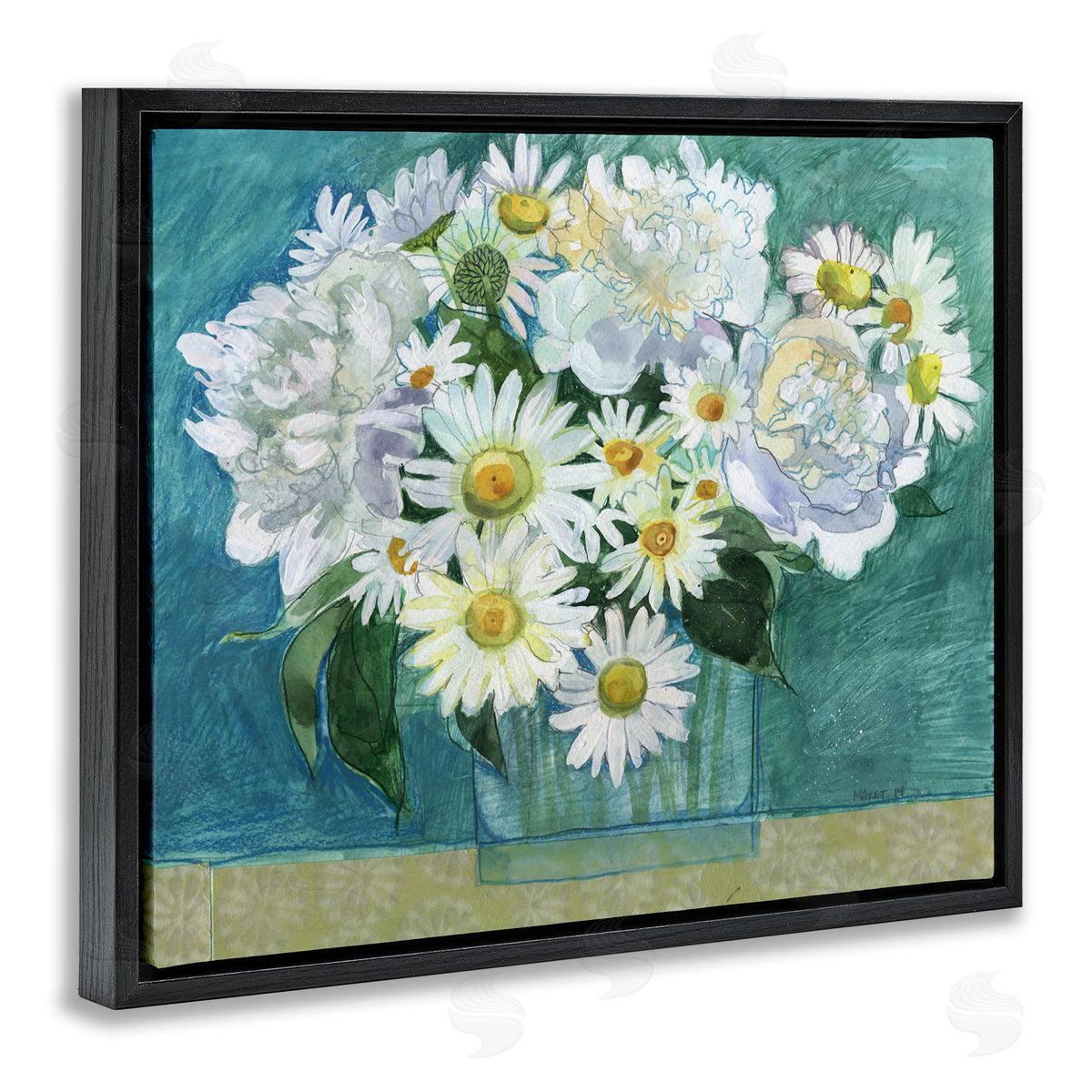 Maret Hensick Mixed White Flower Blossoms Layered Drawing Black Floating Frame Canvas Wall Art Print
